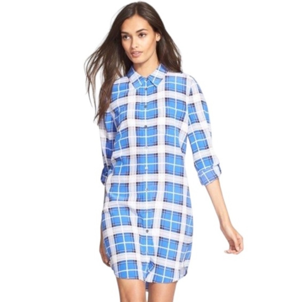 Equipment Femme Brett Silk Plaid Shirt Dress in Blue White Long Sleeve Spring